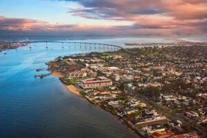 An aerial perspective of Coronado and the iconic bridge. Source: iStock